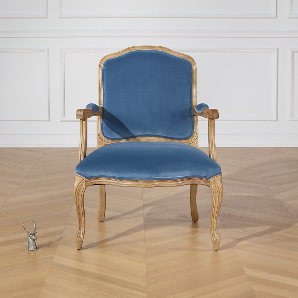 INES – Louis XV style armchair in wood and 100% cotton fabric Blue Louis, 1 seat