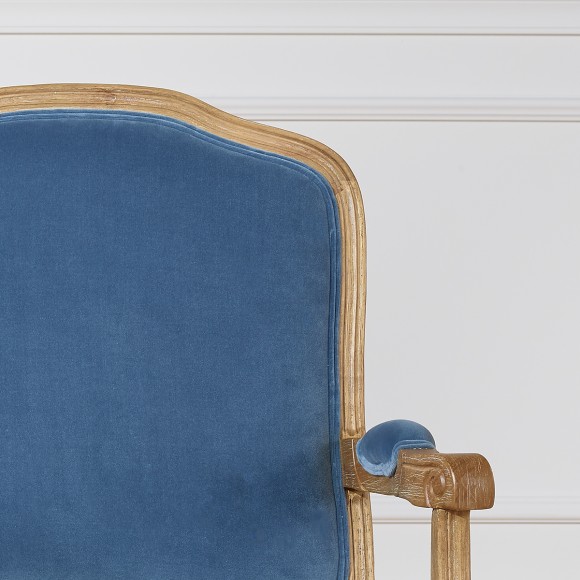 INES – Fauteuil style Louis XV en bois et tissu 100% coton Bleu Louis, 1 place