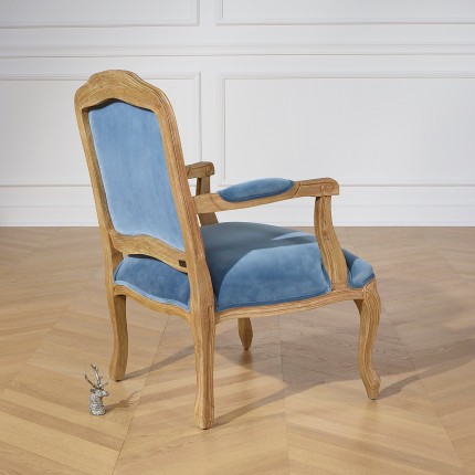 INES – Fauteuil style Louis XV en bois et tissu 100% coton Bleu Louis, 1 place