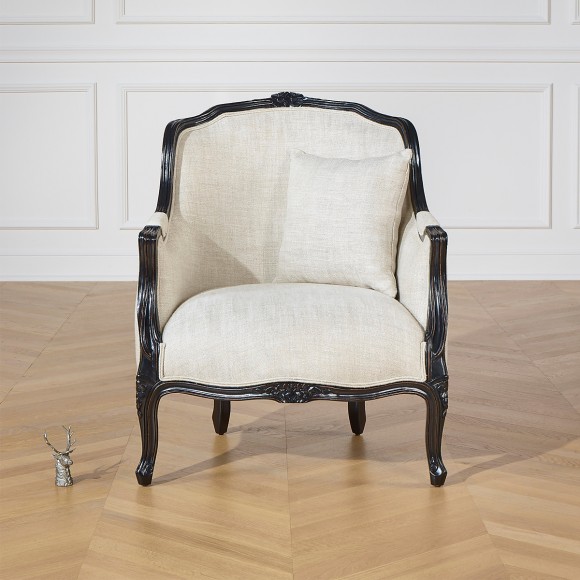 VICTOR NIGHT - Poltrona in stile shabby chic in legno, colore nero e tessuto in lino premium, 1 posto