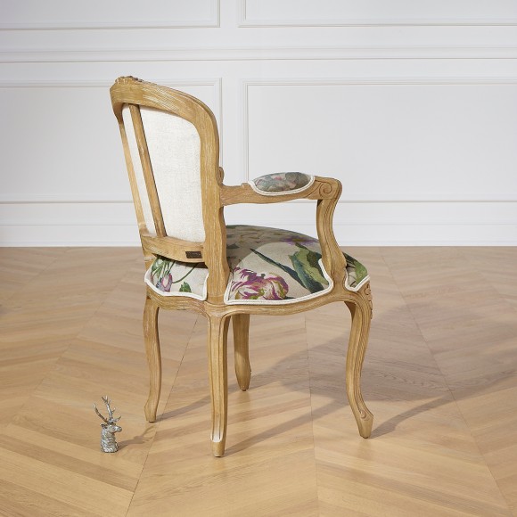 LOUVRE COUNTRY – Fauteuil cabriolet style romantique en bois massif et tissu lin, 1 place