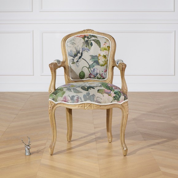 LOUVRE COUNTRY – Fauteuil cabriolet style romantique en bois massif et tissu lin, 1 place