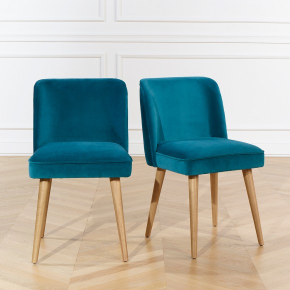 APOLLINE - Chaises style vintage en velours de coton et bois massif, lot de 2, bois certifié FSC®