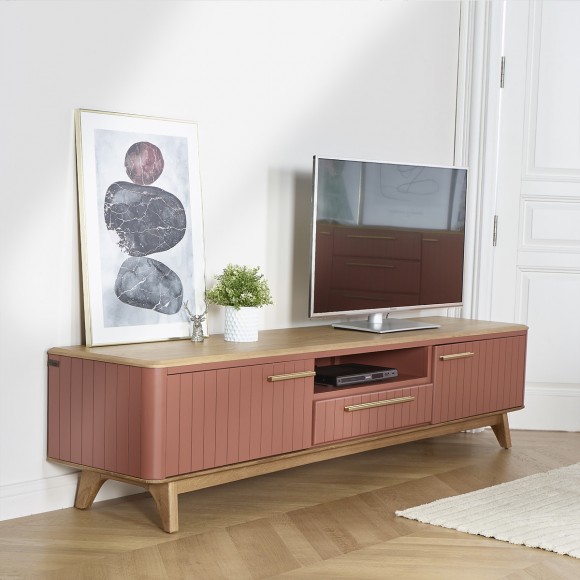 JOËL - Mueble de TV de estilo moderno en roble, 210 cm, 2 puertas, 1 cajón