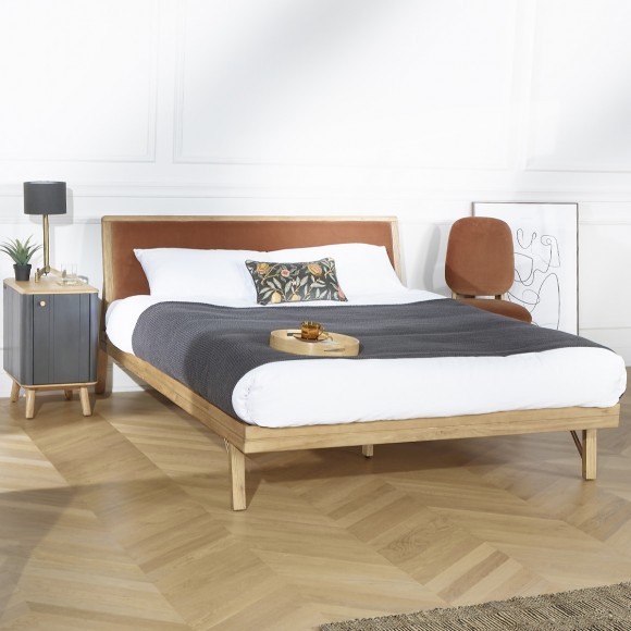 RAPHAEL - Modern double bed in oak and velvet 160 x 200