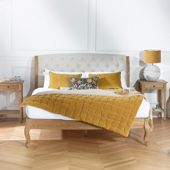 RICHARD - Double bed, romantic style in oak and cotton linen 160 x 200