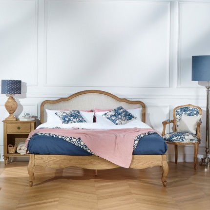 HENRY - Double bed in romantic style made of premium oak and linen 140 x 190