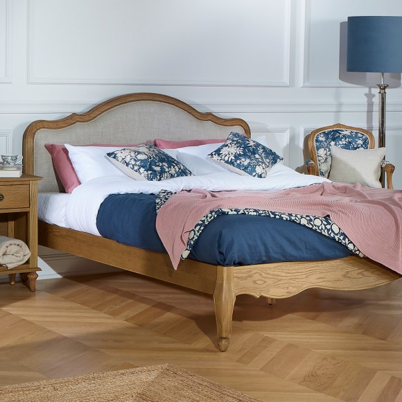 HENRY - Double bed in romantic style made of premium oak and linen 140 x 190