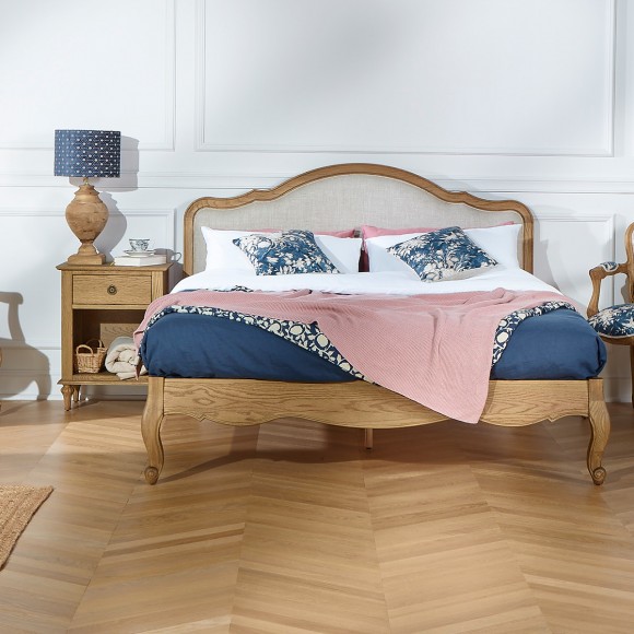 HENRY - Double bed in romantic style made of premium oak and linen 140 x 190