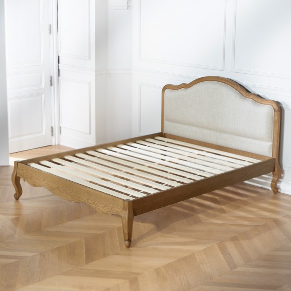 HENRY - Cama de dos plazas, estilo romántico en roble y lino premium 160 x 200