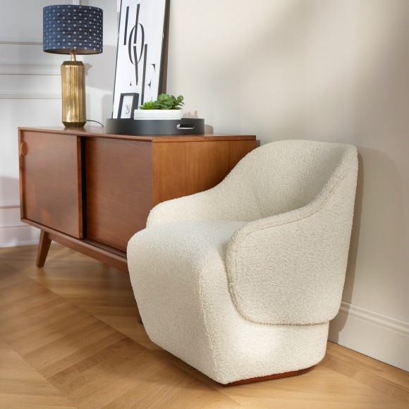 PRESLEY - Nordic style armchair in white boucle polyester fabric, 1 seat