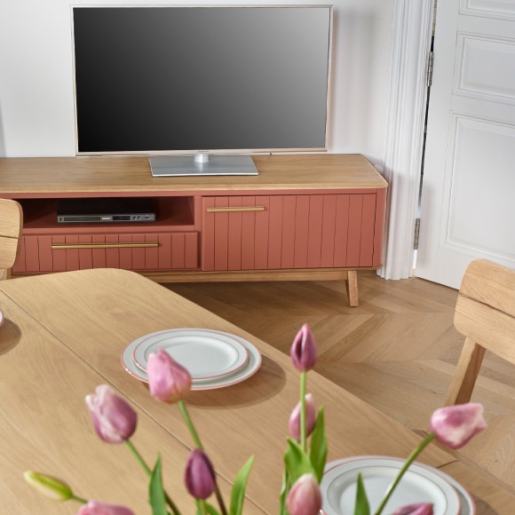 JOËL - Mueble de TV de estilo moderno en roble, 210 cm, 2 puertas, 1 cajón