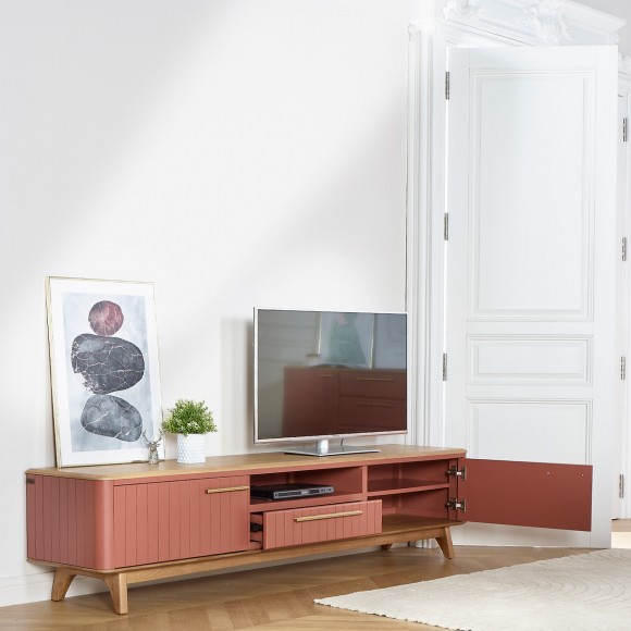 JOËL - Mueble de TV de estilo moderno en roble, 210 cm, 2 puertas, 1 cajón