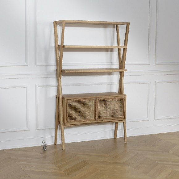 DOROTHY - Modern style shelf in oak and cane, 2 sliding doors, 3 open shelves