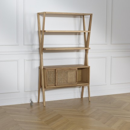 DOROTHY - Modern style shelf in oak and cane, 2 sliding doors, 3 open shelves