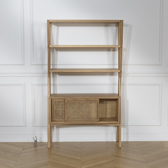 DOROTHY - Modern style shelf in oak and cane, 2 sliding doors, 3 open shelves