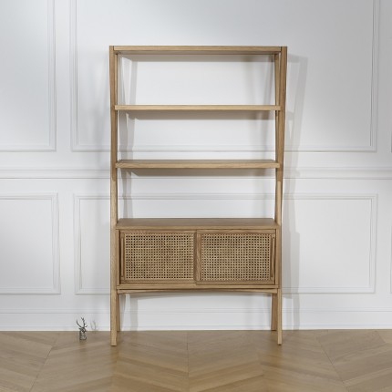 DOROTHY - Modern style shelf in oak and cane, 2 sliding doors, 3 open shelves