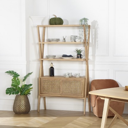 DOROTHY - Modern style shelf in oak and cane, 2 sliding doors, 3 open shelves