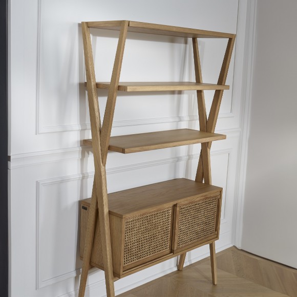 DOROTHY - Modern style shelf in oak and cane, 2 sliding doors, 3 open shelves