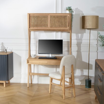 KITTY - Modernes Regal-Schreibtisch aus Holz und Geflecht, 1 Fach, 1 Schublade