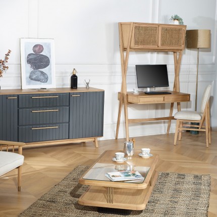 KITTY - Modernes Regal-Schreibtisch aus Holz und Geflecht, 1 Fach, 1 Schublade