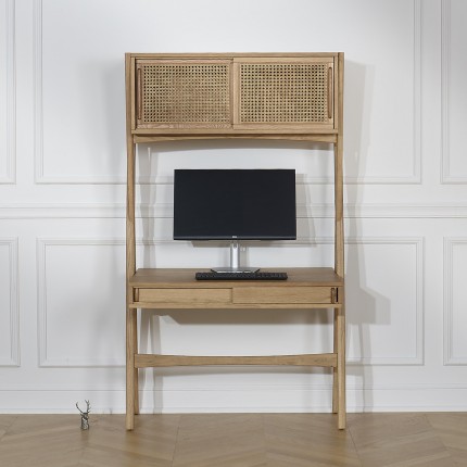 KITTY - Modernes Regal-Schreibtisch aus Holz und Geflecht, 1 Fach, 1 Schublade