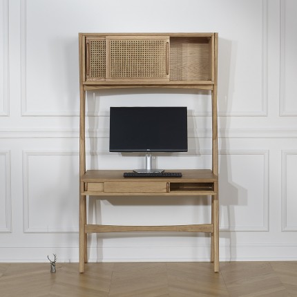 KITTY - Modernes Regal-Schreibtisch aus Holz und Geflecht, 1 Fach, 1 Schublade