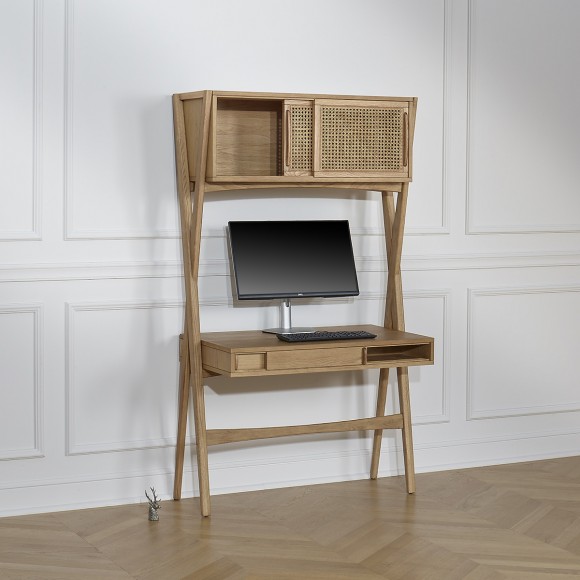 KITTY - Modernes Regal-Schreibtisch aus Holz und Geflecht, 1 Fach, 1 Schublade