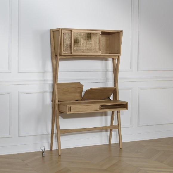 KITTY - Modernes Regal-Schreibtisch aus Holz und Geflecht, 1 Fach, 1 Schublade