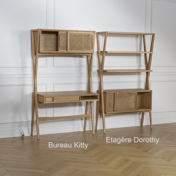 DOROTHY - Modern style shelf in oak and cane, 2 sliding doors, 3 open shelves