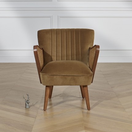 SEVENTY BRUXELLES - Nordic style armchair, solid wood, rattan and camel tweed fabric, 1 seat