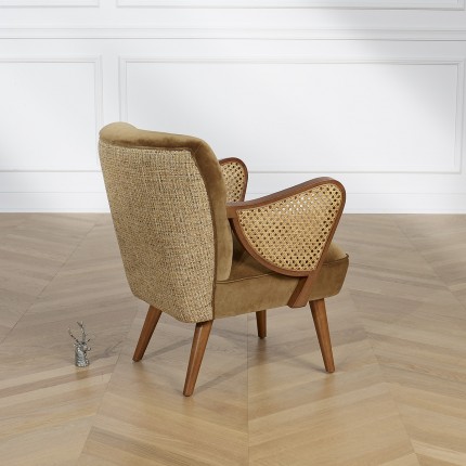 SEVENTY BRÜSSEL - Sessel im nordischen Stil, Massivholz, Rattan und Kamel-Tweed-Stoff, 1 Sitzplatz