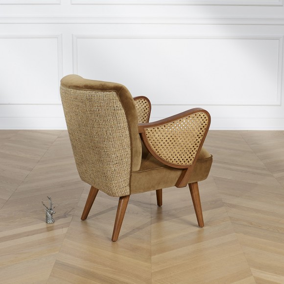 SEVENTY BRUXELLES - Nordic style armchair, solid wood, rattan and camel tweed fabric, 1 seat