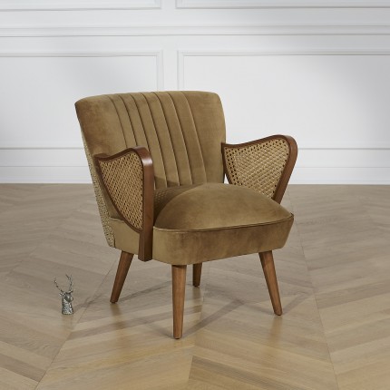 SEVENTY BRUXELLES - Poltrona stile nordico, legno massello, rattan e tessuto tweed cammello, 1 posto