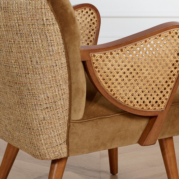 SEVENTY BRÜSSEL - Sessel im nordischen Stil, Massivholz, Rattan und Kamel-Tweed-Stoff, 1 Sitzplatz