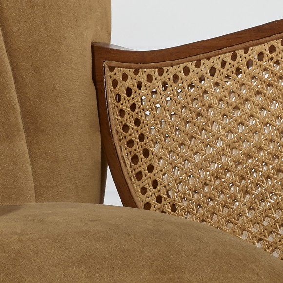 SEVENTY BRUXELLES - Nordic style armchair, solid wood, rattan and camel tweed fabric, 1 seat