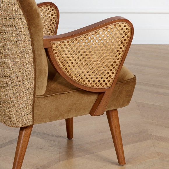 SEVENTY BRUXELLES - Nordic style armchair, solid wood, rattan and camel tweed fabric, 1 seat