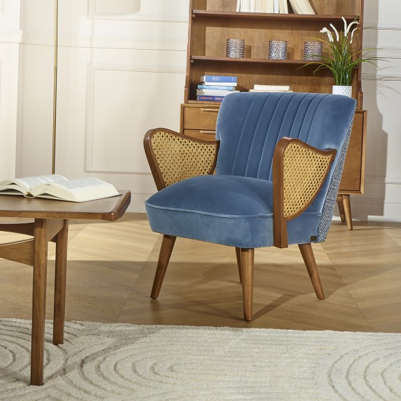 SEVENTY LOUVAIN - Vintage style armchair in solid wood and velvet fabric, 1 seat