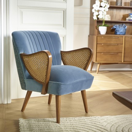 SEVENTY LOUVAIN - Fauteuil style vintage en bois massif et tissu velours, 1 place