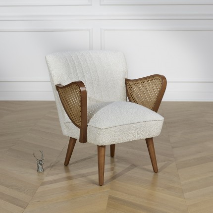 SEVENTY - Nordic style armchair in wood and white boucle fabric, 1 seat