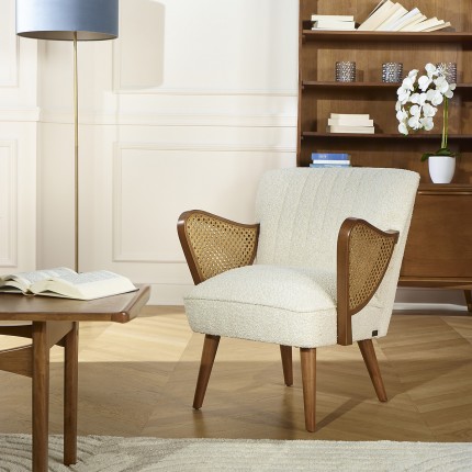 SEVENTY - Nordic style armchair in wood and white boucle fabric, 1 seat