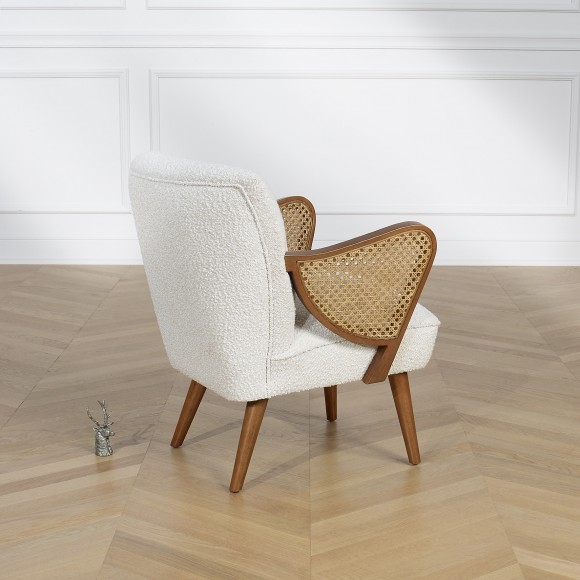 SEVENTY - Nordic style armchair in wood and white boucle fabric, 1 seat