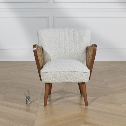 SEVENTY - Nordic style armchair in wood and white boucle fabric, 1 seat