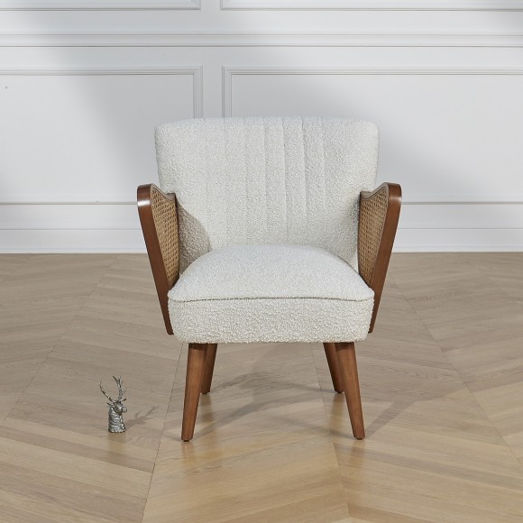 SEVENTY - Sillón de estilo nórdico en madera y tela bouclé blanca, 1 plaza